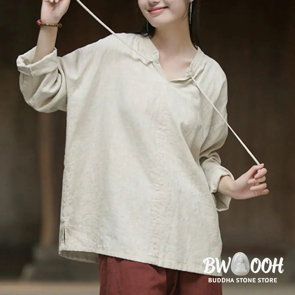 Buddha Stones Retro Solid Color Long Sleeve Ramie Linen Women’s Shirt - Women’s Shirts