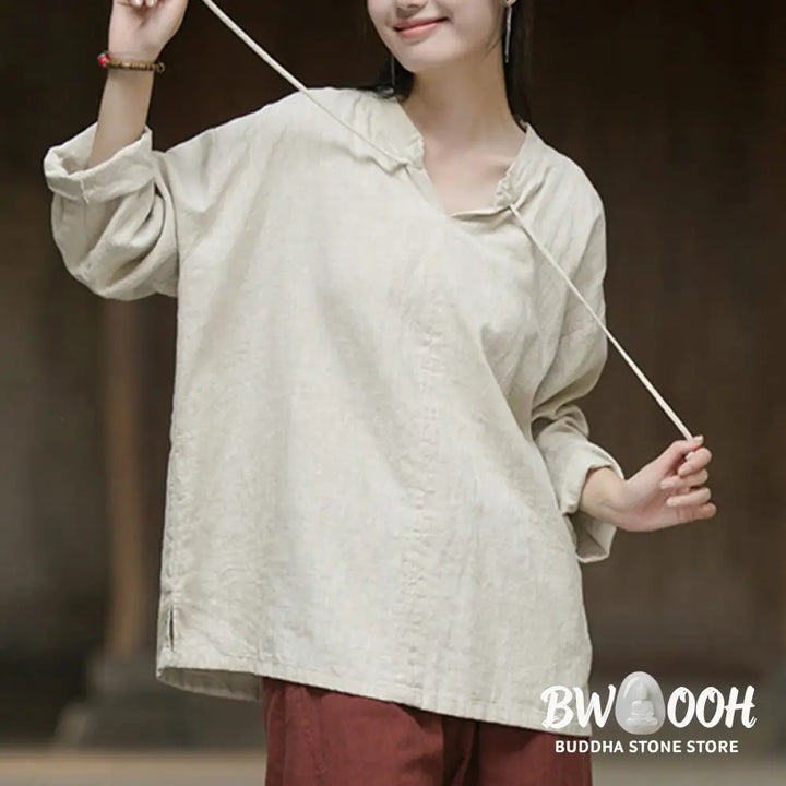 Buddha Stones Retro Solid Color Long Sleeve Ramie Linen Women’s Shirt - Women’s Shirts