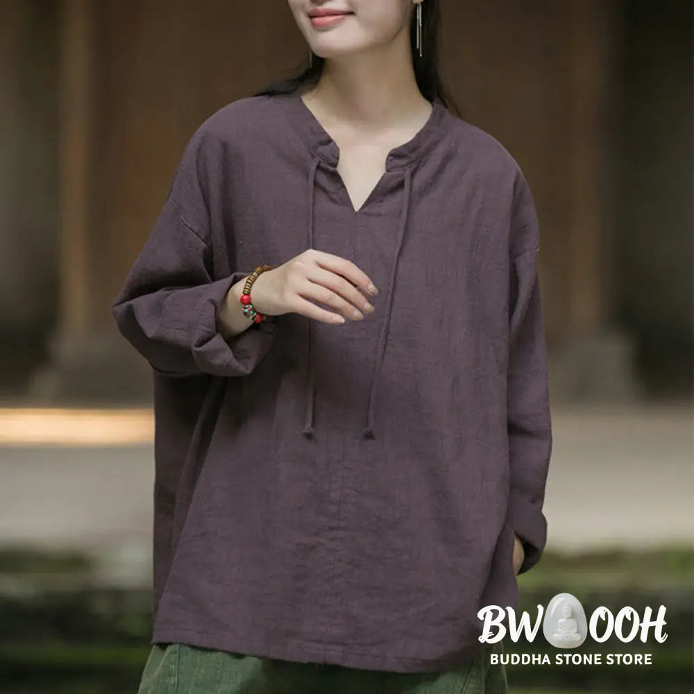 Buddha Stones Retro Solid Color Long Sleeve Ramie Linen Women’s Shirt - Women’s Shirts