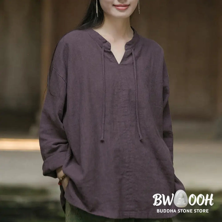 Buddha Stones Retro Solid Color Long Sleeve Ramie Linen Women’s Shirt - Women’s Shirts