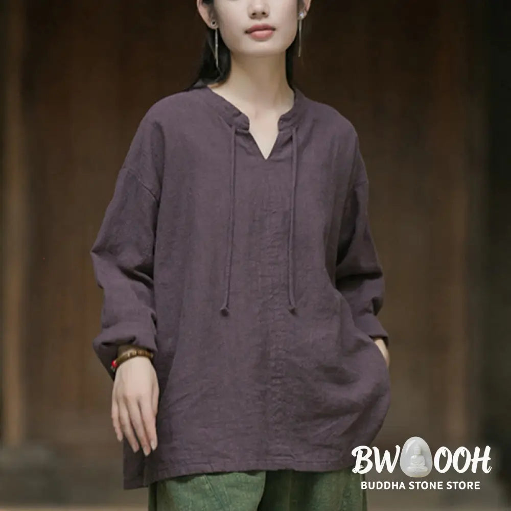 Buddha Stones Retro Solid Color Long Sleeve Ramie Linen Women’s Shirt - Women’s Shirts
