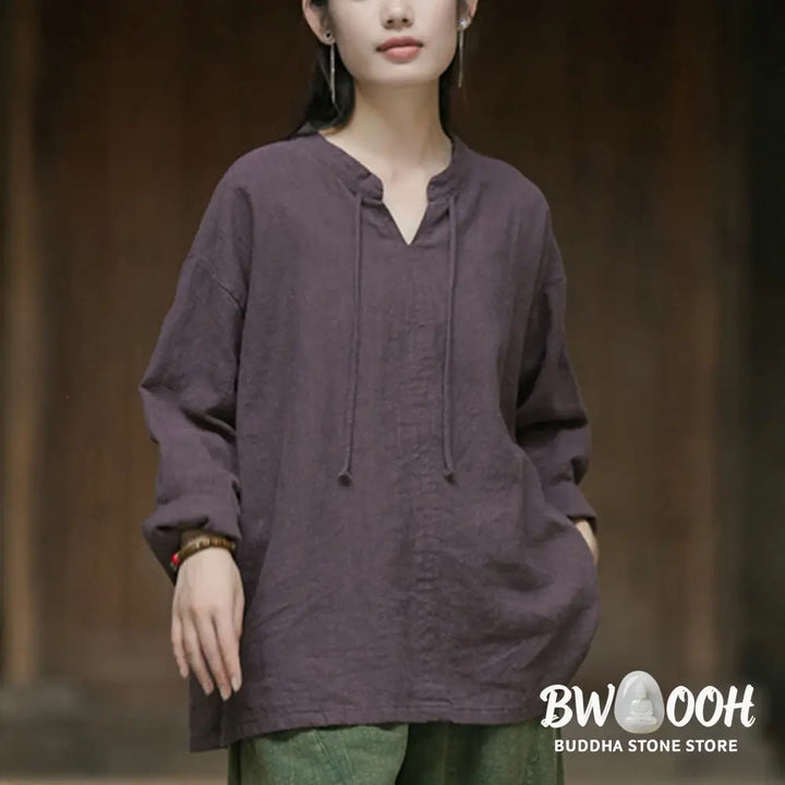 Buddha Stones Retro Solid Color Long Sleeve Ramie Linen Women’s Shirt - Women’s Shirts