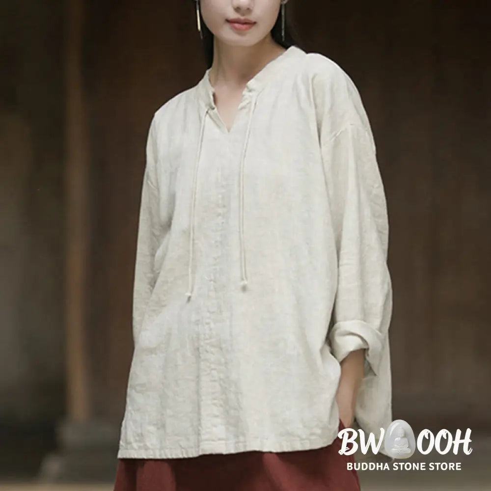 Buddha Stones Retro Solid Color Long Sleeve Ramie Linen Women’s Shirt - Women’s Shirts