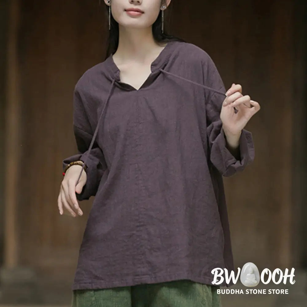 Buddha Stones Retro Solid Color Long Sleeve Ramie Linen Women’s Shirt - Women’s Shirts