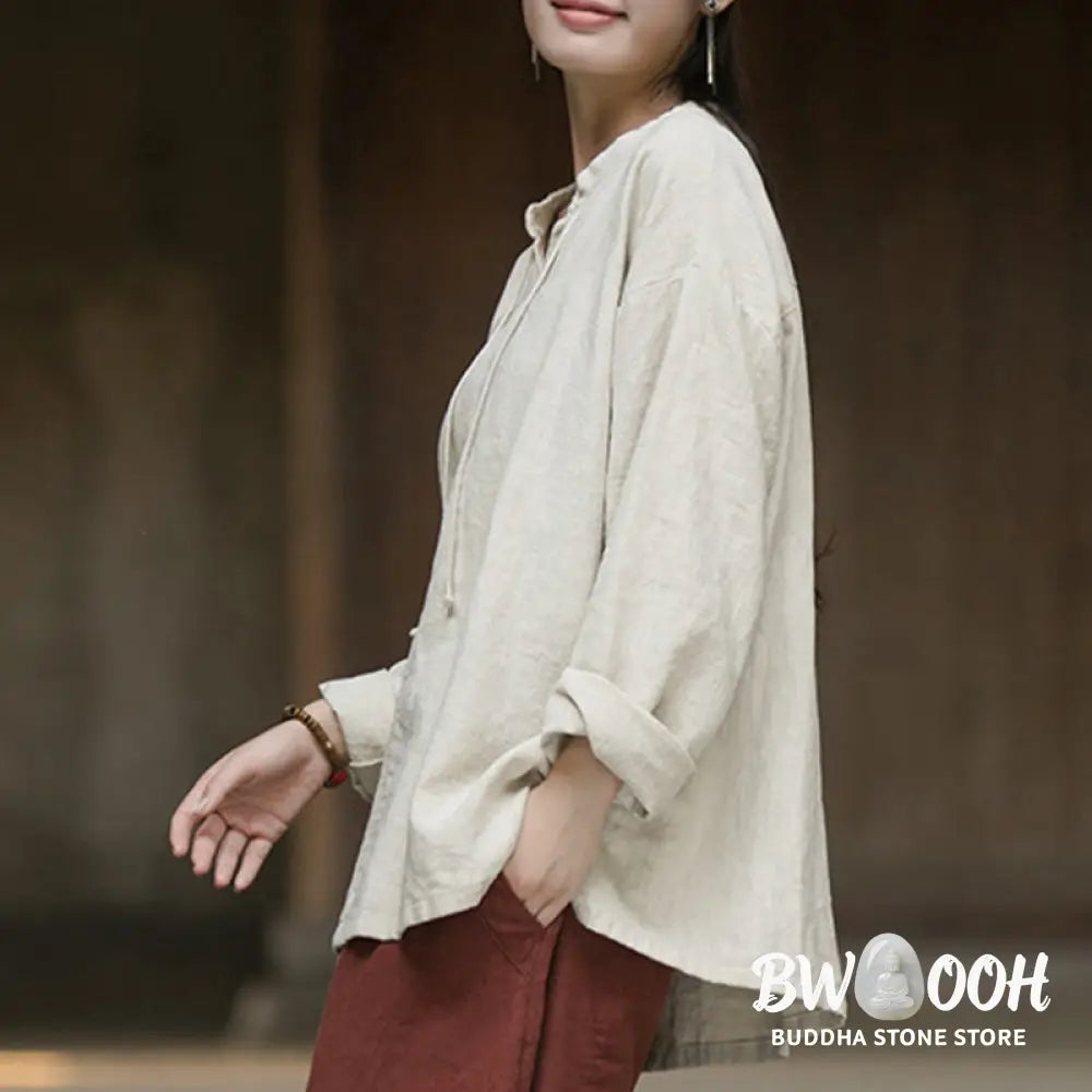 Buddha Stones Retro Solid Color Long Sleeve Ramie Linen Women’s Shirt - Women’s Shirts