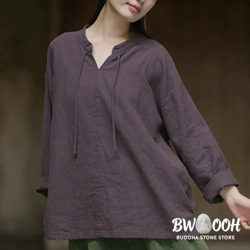Buddha Stones Retro Solid Color Long Sleeve Ramie Linen Women’s Shirt - Women’s Shirts