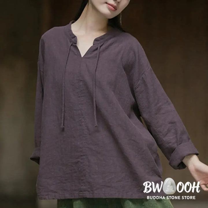Buddha Stones Retro Solid Color Long Sleeve Ramie Linen Women’s Shirt - Women’s Shirts