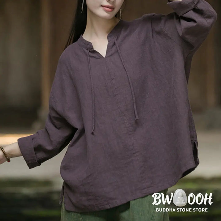 Buddha Stones Retro Solid Color Long Sleeve Ramie Linen Women’s Shirt - Women’s Shirts