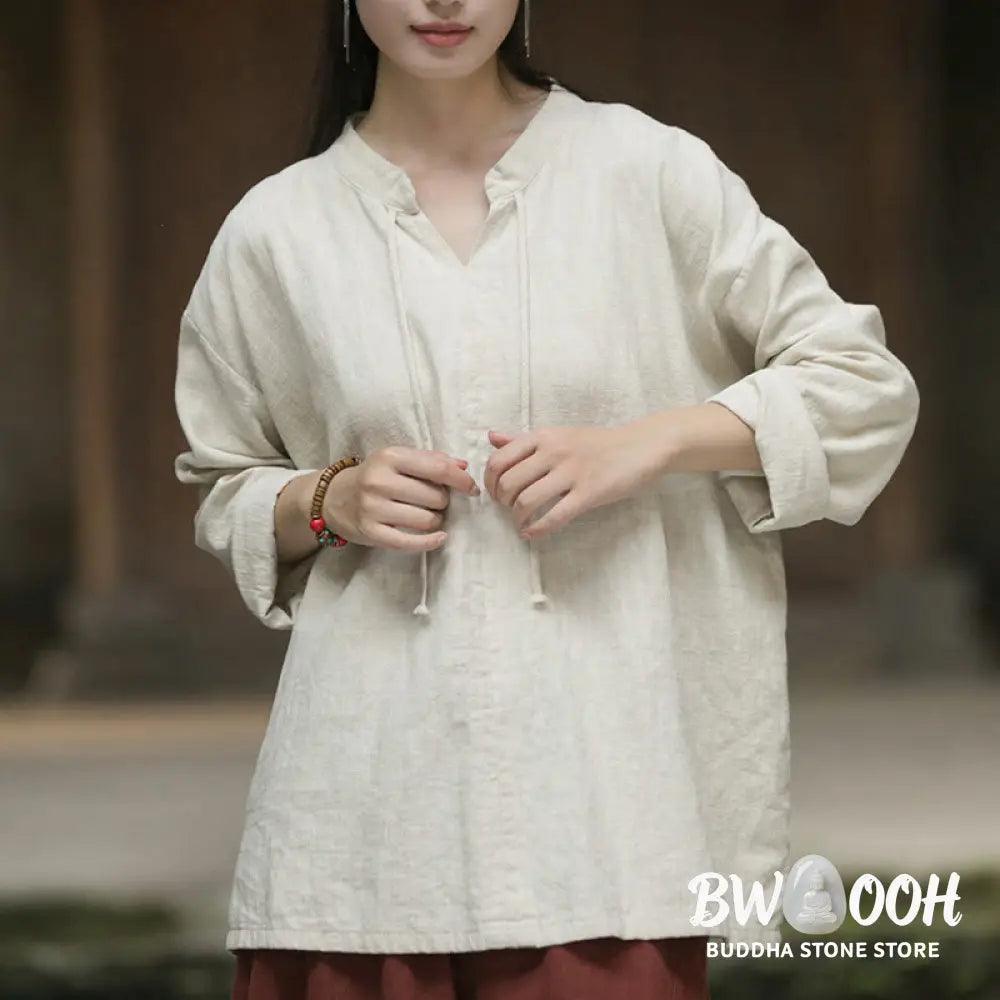 Buddha Stones Retro Solid Color Long Sleeve Ramie Linen Women’s Shirt - Women’s Shirts