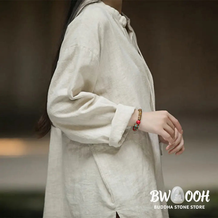 Buddha Stones Retro Solid Color Long Sleeve Ramie Linen Women’s Shirt - Women’s Shirts