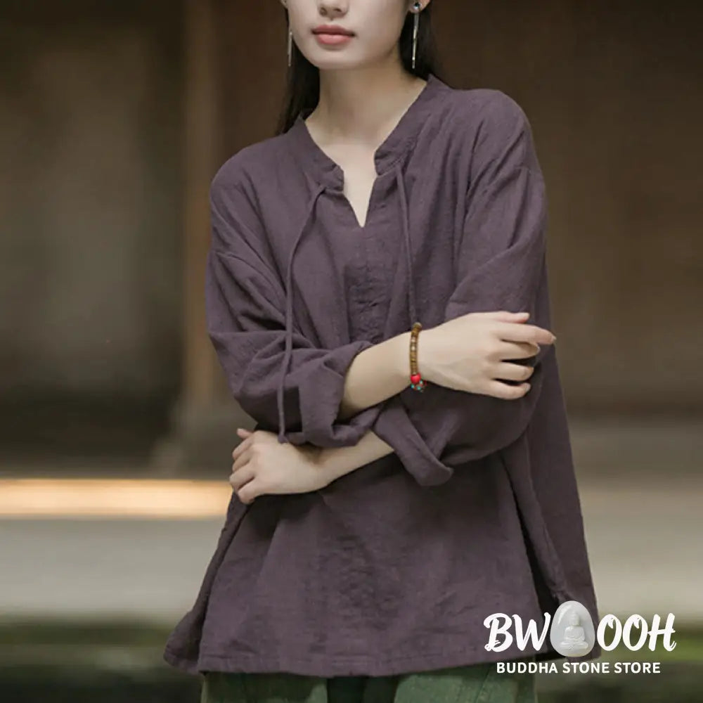 Buddha Stones Retro Solid Color Long Sleeve Ramie Linen Women’s Shirt - Women’s Shirts