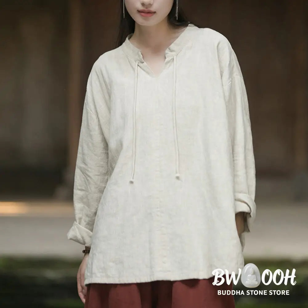 Buddha Stones Retro Solid Color Long Sleeve Ramie Linen Women’s Shirt - Women’s Shirts