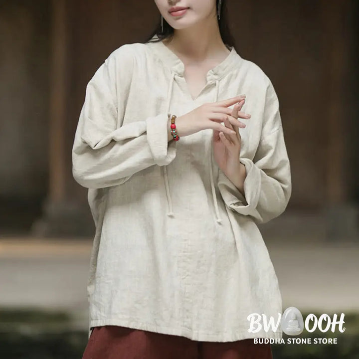 Buddha Stones Retro Solid Color Long Sleeve Ramie Linen Women’s Shirt - Women’s Shirts