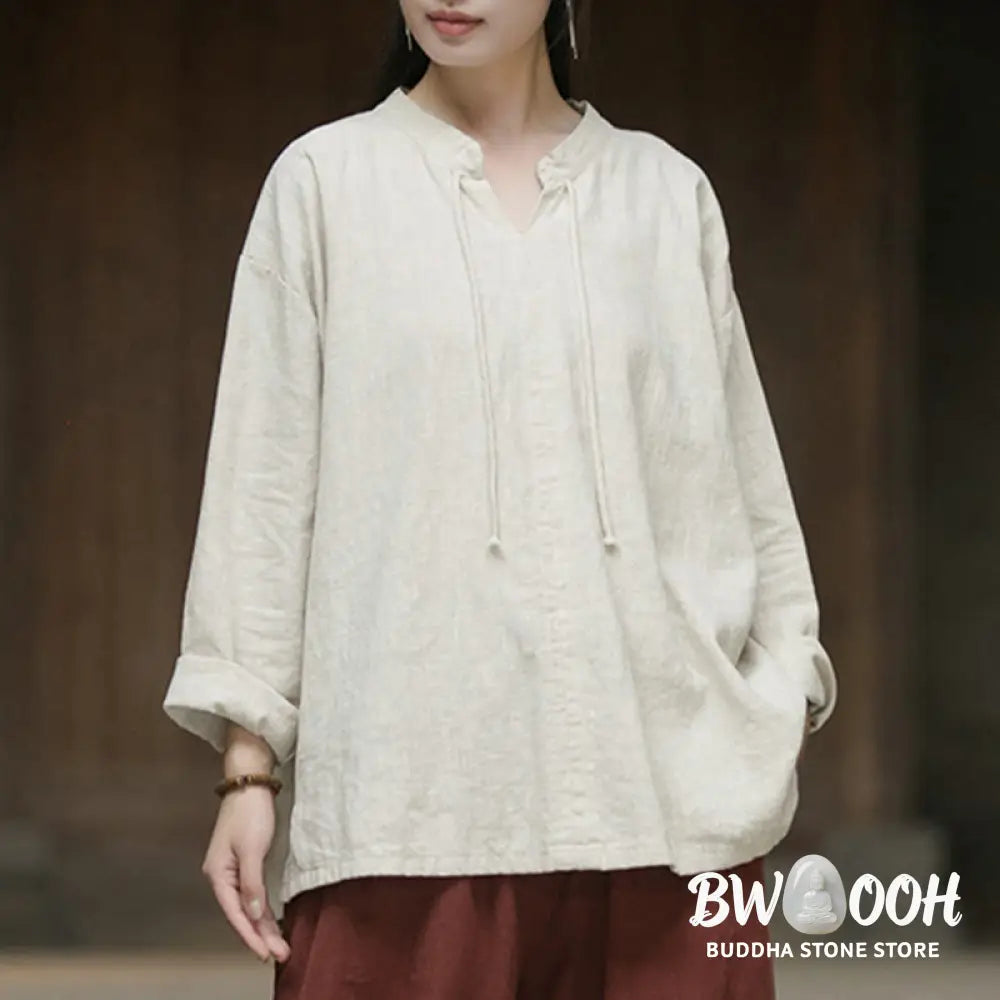 Buddha Stones Retro Solid Color Long Sleeve Ramie Linen Women’s Shirt - Women’s Shirts