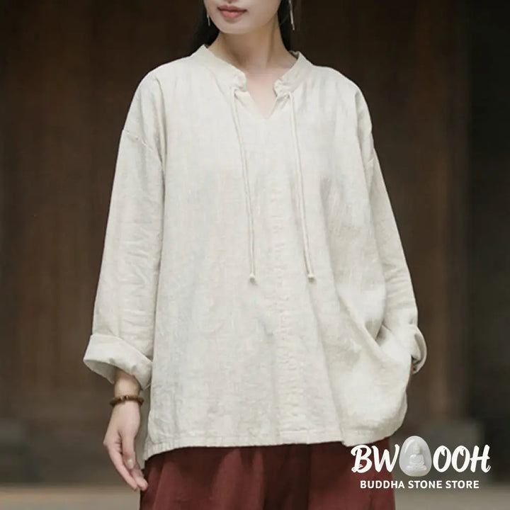 Buddha Stones Retro Solid Color Long Sleeve Ramie Linen Women’s Shirt - Women’s Shirts