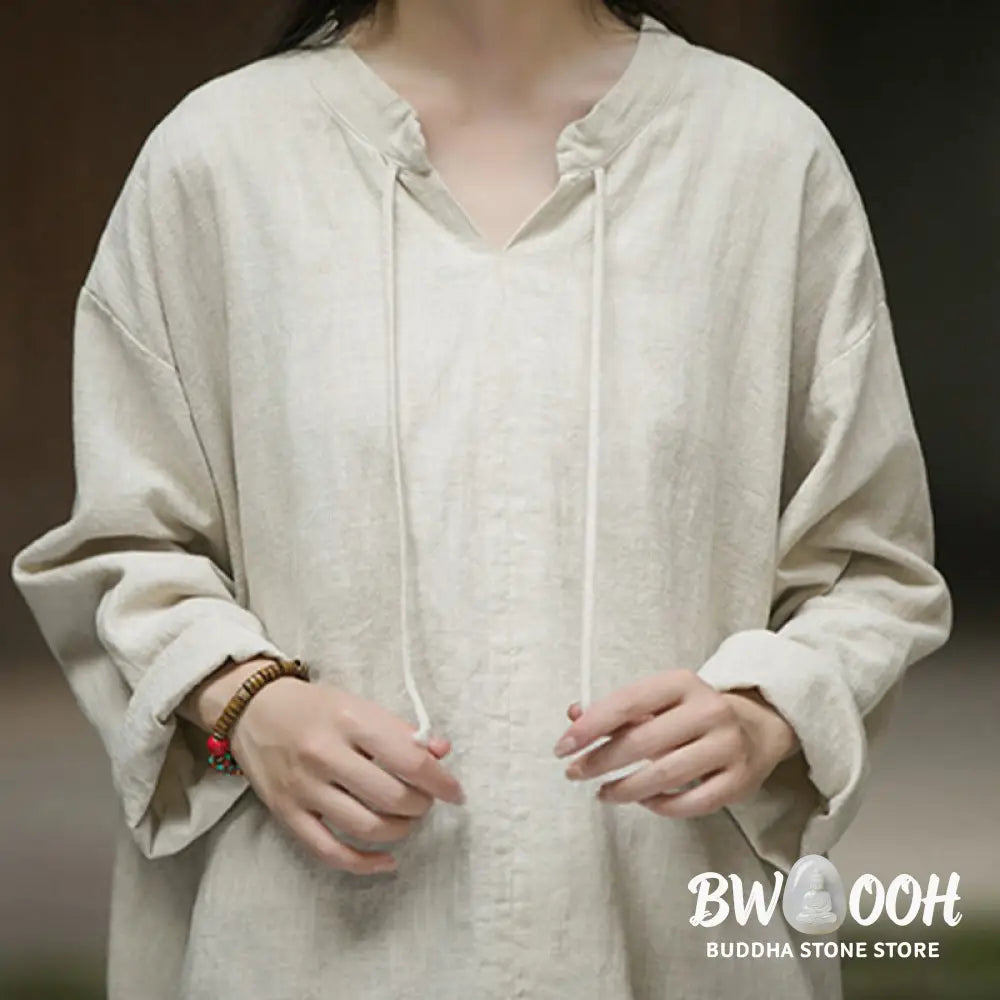 Buddha Stones Retro Solid Color Long Sleeve Ramie Linen Women’s Shirt - Women’s Shirts