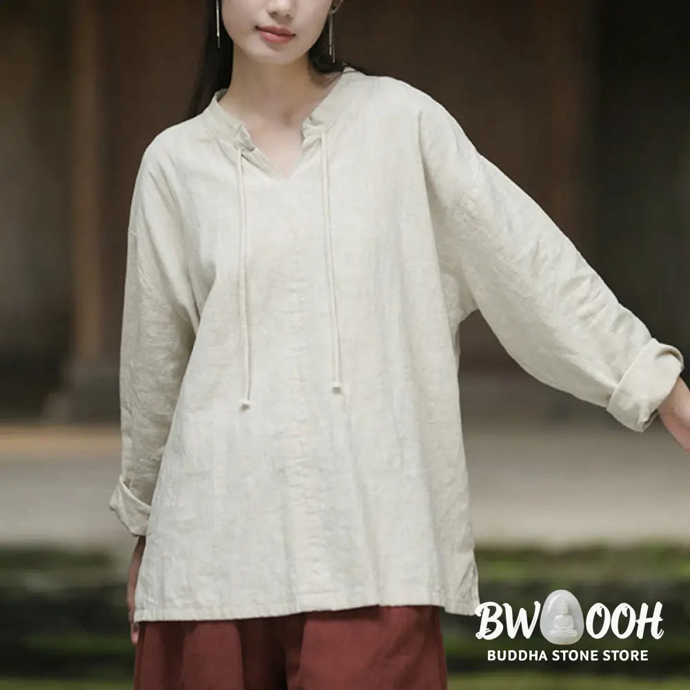 Buddha Stones Retro Solid Color Long Sleeve Ramie Linen Women’s Shirt - Women’s Shirts