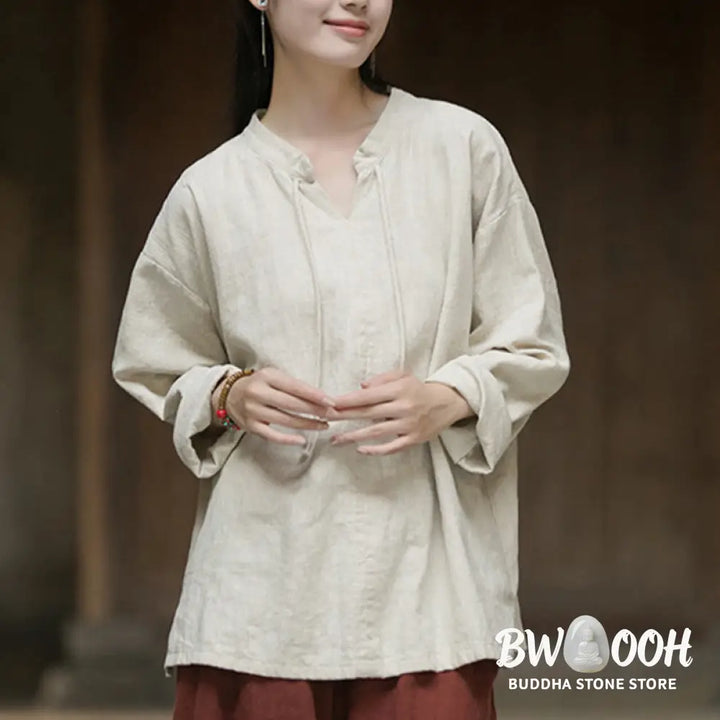 Buddha Stones Retro Solid Color Long Sleeve Ramie Linen Women’s Shirt - Women’s Shirts