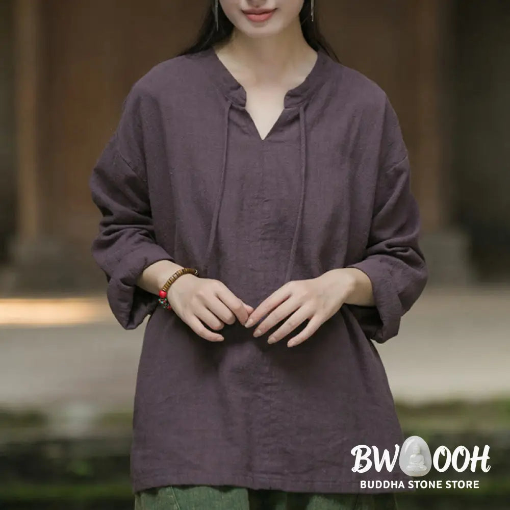 Buddha Stones Retro Solid Color Long Sleeve Ramie Linen Women’s Shirt - Women’s Shirts