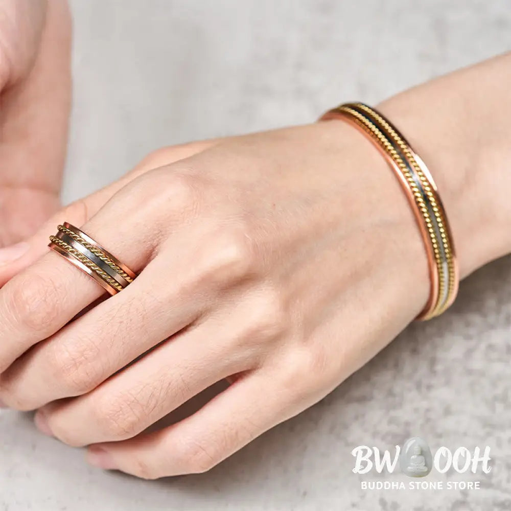 Buddha Stones Retro Twisted Design Copper Open Wealth Luck Cuff Bracelet Bangle Ring - Bracelet Bangle