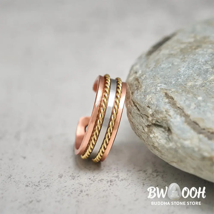 Buddha Stones Retro Twisted Design Copper Open Wealth Luck Cuff Bracelet Bangle Ring - Bracelet Bangle