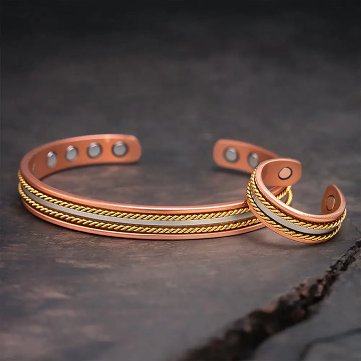 Buddha Stones Retro Twisted Design Copper Open Wealth Luck Cuff Bracelet Bangle Ring - One Bracelet&amp;One Ring - Bracelet