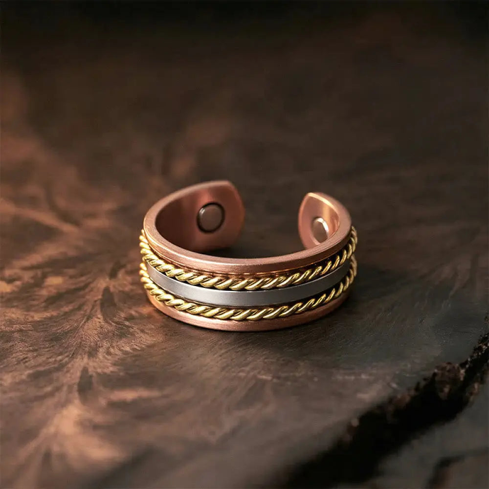 Buddha Stones Retro Twisted Design Copper Open Wealth Luck Cuff Bracelet Bangle Ring - Ring(Size: Adjustable)