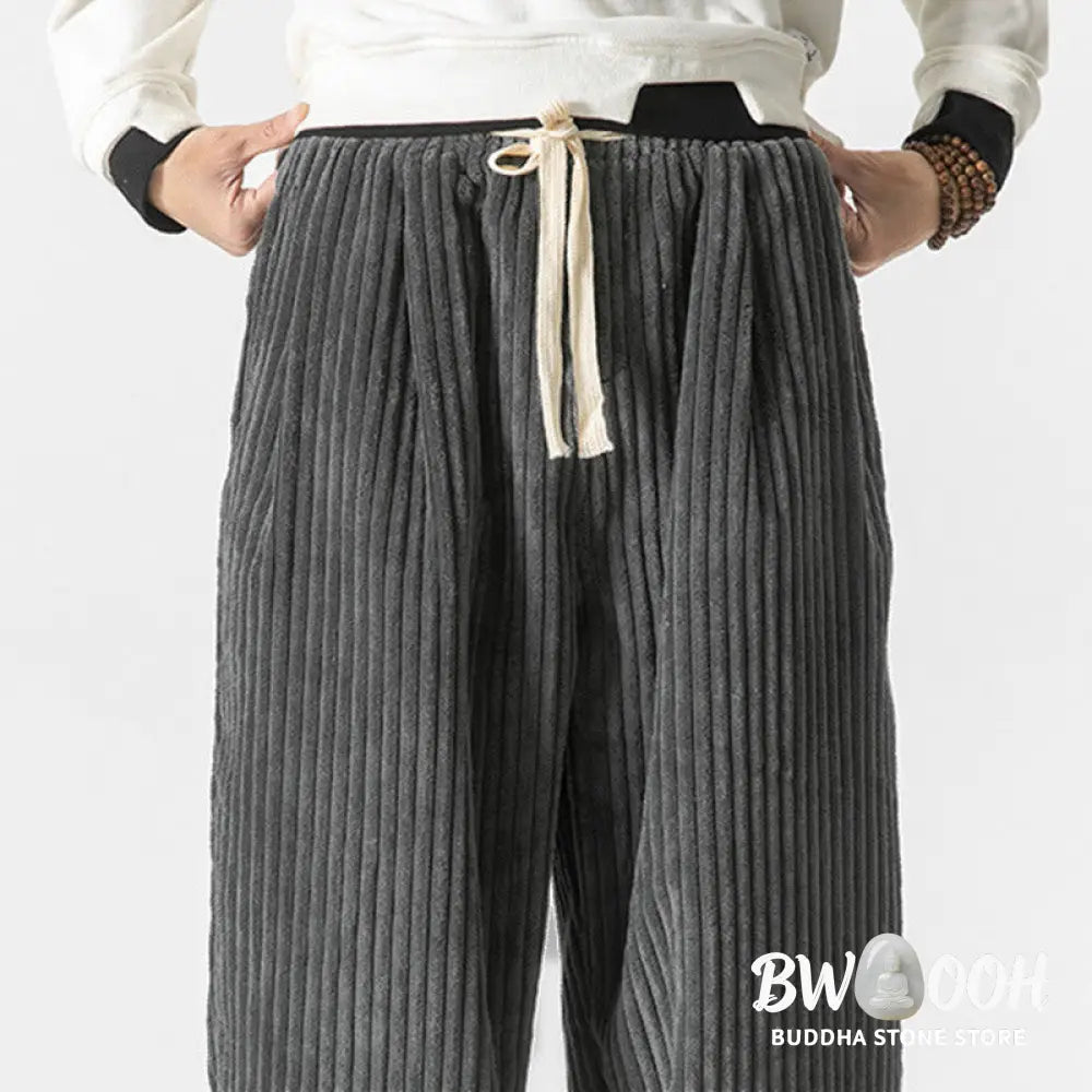 Buddha Stones Retro Winter Solid Color Men’s Drawstring Corduroy Harem Pants With Pockets - Men’s Harem Pants
