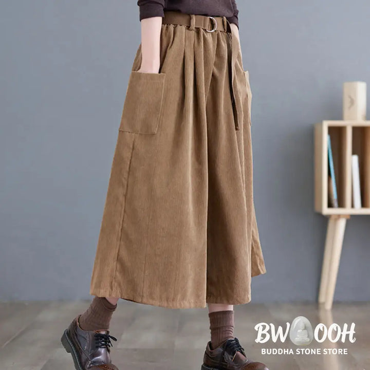 Buddha Stones Retro Women’s Wide Leg 7-8 Length Corduroy Pants With Pockets Belt - Women’s Wide Leg Pants
