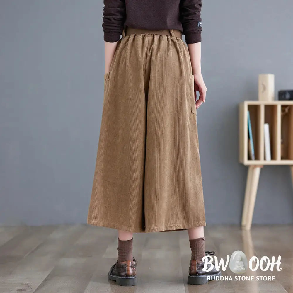 Buddha Stones Retro Women’s Wide Leg 7-8 Length Corduroy Pants With Pockets Belt - Women’s Wide Leg Pants