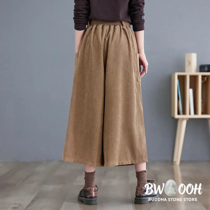 Buddha Stones Retro Women’s Wide Leg 7-8 Length Corduroy Pants With Pockets Belt - Women’s Wide Leg Pants
