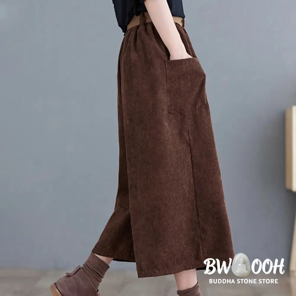 Buddha Stones Retro Women’s Wide Leg 7-8 Length Corduroy Pants With Pockets Belt - Women’s Wide Leg Pants