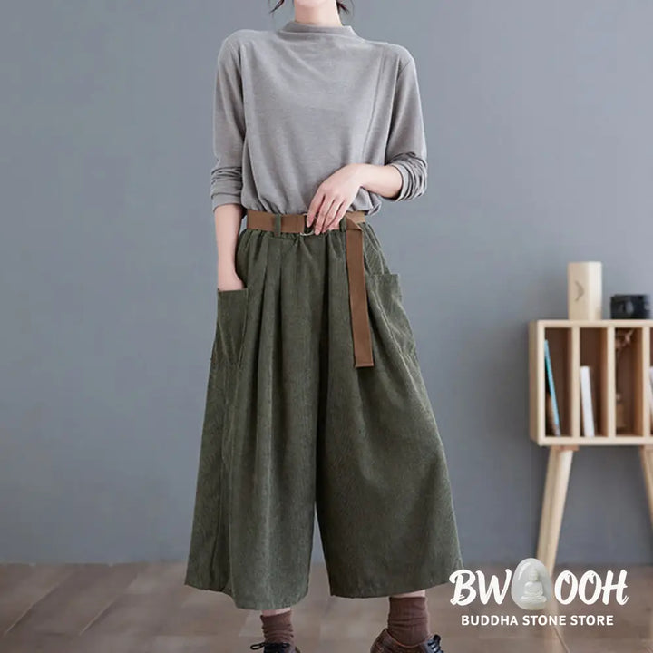 Buddha Stones Retro Women’s Wide Leg 7-8 Length Corduroy Pants With Pockets Belt - Women’s Wide Leg Pants