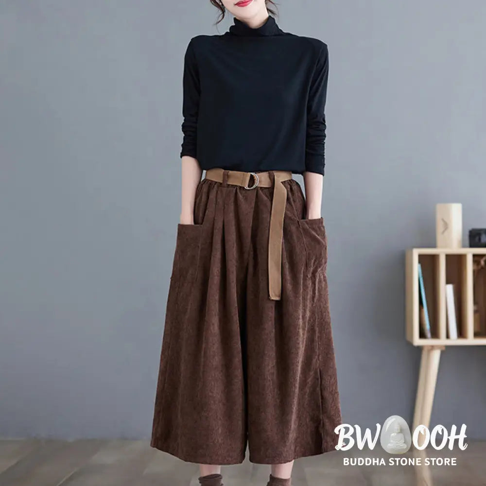 Buddha Stones Retro Women’s Wide Leg 7-8 Length Corduroy Pants With Pockets Belt - Women’s Wide Leg Pants