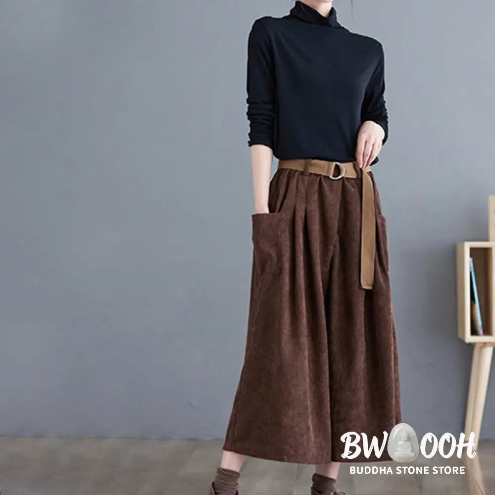 Buddha Stones Retro Women’s Wide Leg 7-8 Length Corduroy Pants With Pockets Belt - Women’s Wide Leg Pants