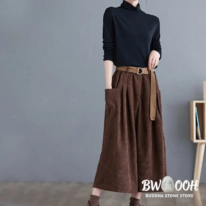 Buddha Stones Retro Women’s Wide Leg 7-8 Length Corduroy Pants With Pockets Belt - Women’s Wide Leg Pants