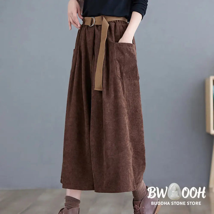 Buddha Stones Retro Women’s Wide Leg 7-8 Length Corduroy Pants With Pockets Belt - Women’s Wide Leg Pants