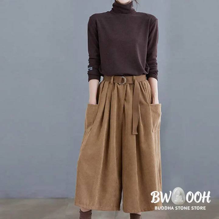 Buddha Stones Retro Women’s Wide Leg 7-8 Length Corduroy Pants With Pockets Belt - Women’s Wide Leg Pants