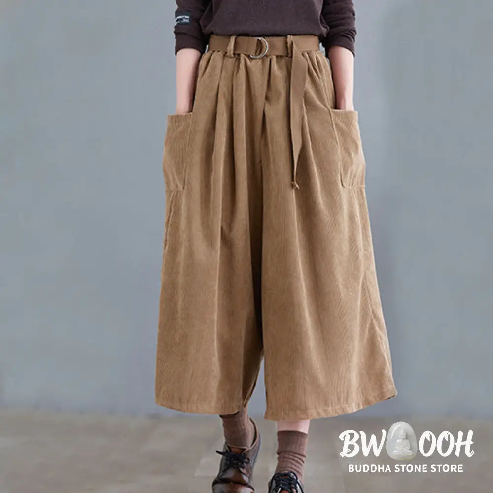 Buddha Stones Retro Women’s Wide Leg 7-8 Length Corduroy Pants With Pockets Belt - Women’s Wide Leg Pants