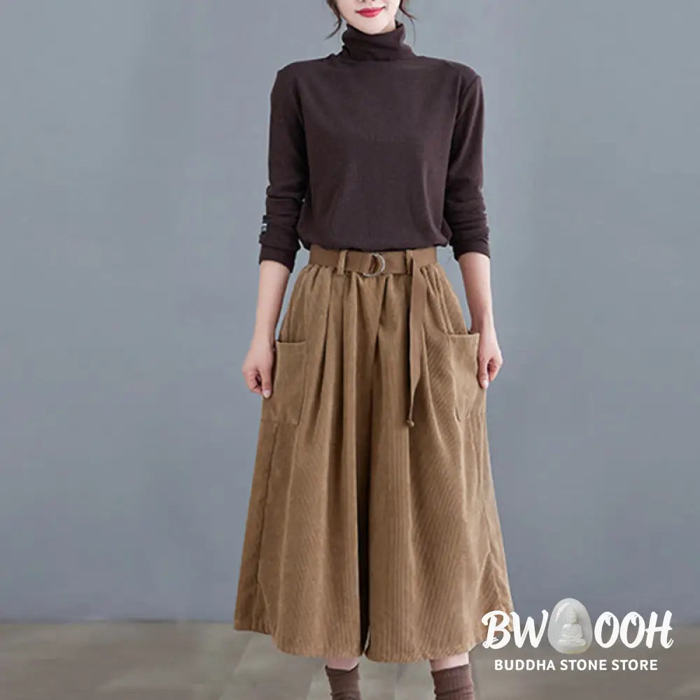 Buddha Stones Retro Women’s Wide Leg 7-8 Length Corduroy Pants With Pockets Belt - Women’s Wide Leg Pants