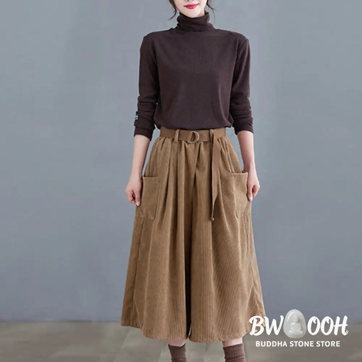 Buddha Stones Retro Women’s Wide Leg 7-8 Length Corduroy Pants With Pockets Belt - Women’s Wide Leg Pants