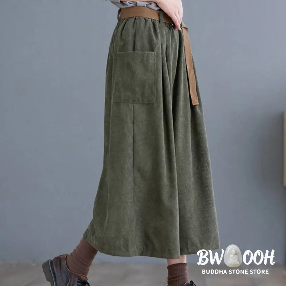 Buddha Stones Retro Women’s Wide Leg 7-8 Length Corduroy Pants With Pockets Belt - Women’s Wide Leg Pants