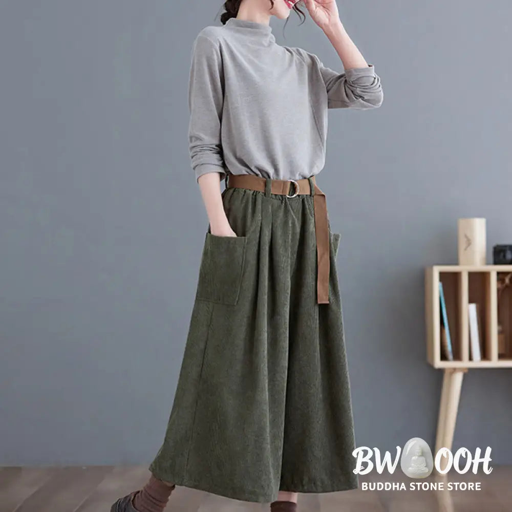 Buddha Stones Retro Women’s Wide Leg 7-8 Length Corduroy Pants With Pockets Belt - Women’s Wide Leg Pants