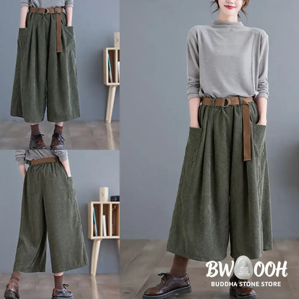 Buddha Stones Retro Women’s Wide Leg 7-8 Length Corduroy Pants With Pockets Belt - Women’s Wide Leg Pants