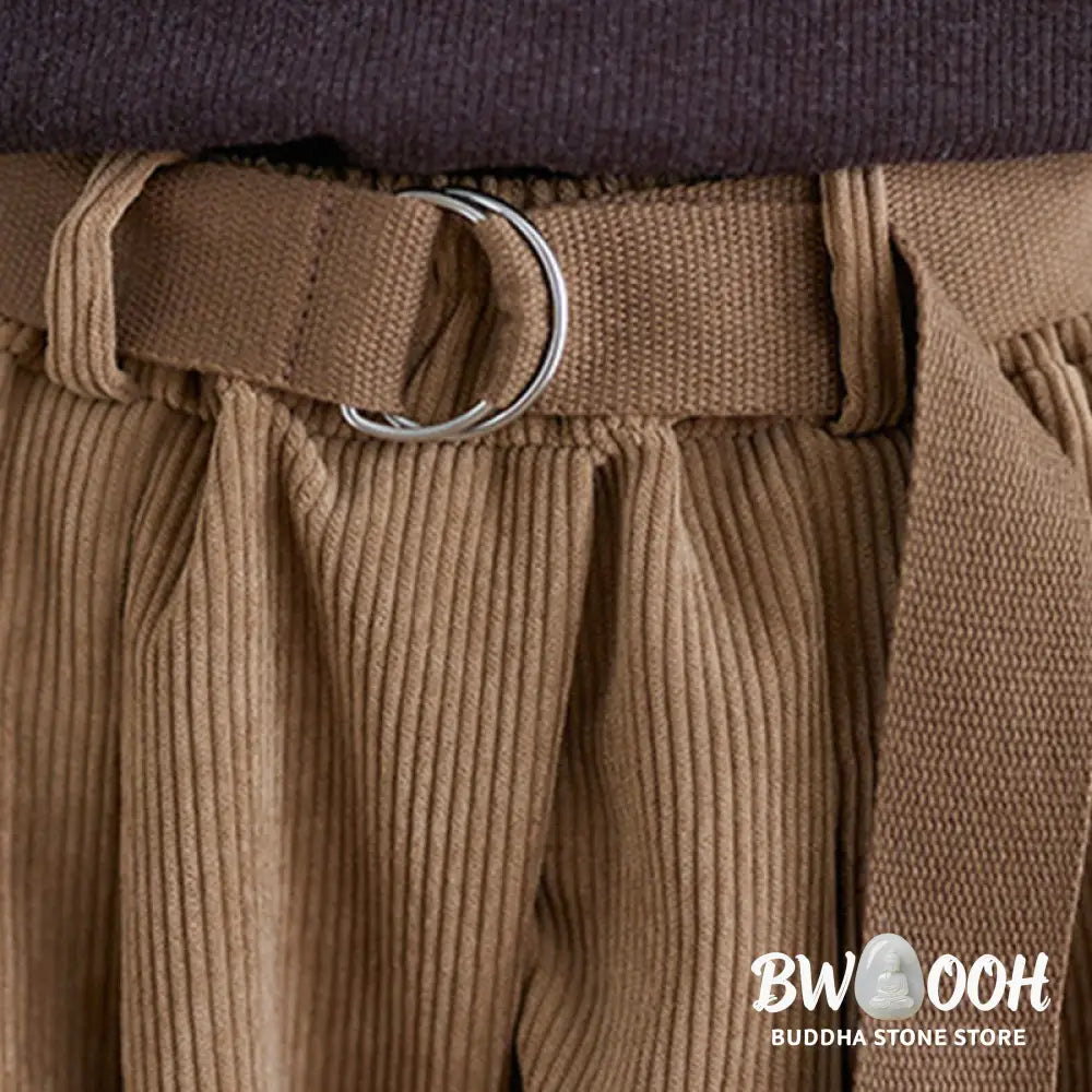 Buddha Stones Retro Women’s Wide Leg 7-8 Length Corduroy Pants With Pockets Belt - Women’s Wide Leg Pants
