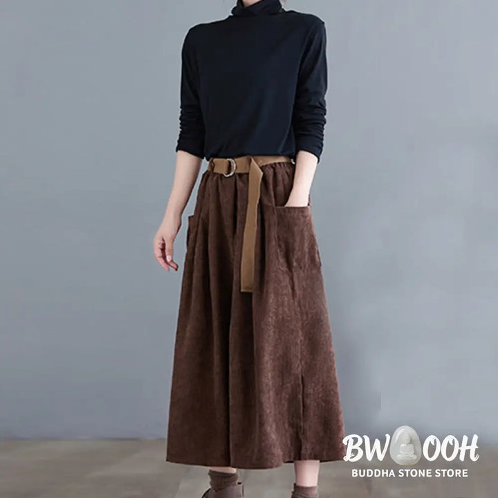Buddha Stones Retro Women’s Wide Leg 7-8 Length Corduroy Pants With Pockets Belt - Women’s Wide Leg Pants