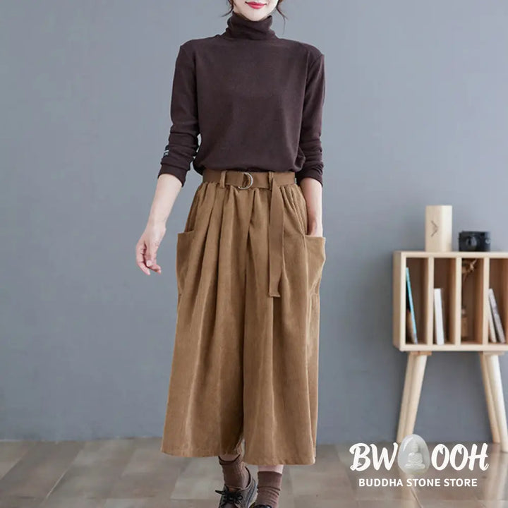 Buddha Stones Retro Women’s Wide Leg 7-8 Length Corduroy Pants With Pockets Belt - Women’s Wide Leg Pants