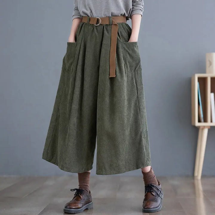 Buddha Stones Retro Women’s Wide Leg 7-8 Length Corduroy Pants With Pockets Belt - DarkOliveGreen / US4，UK/AU8，EU36 (M)