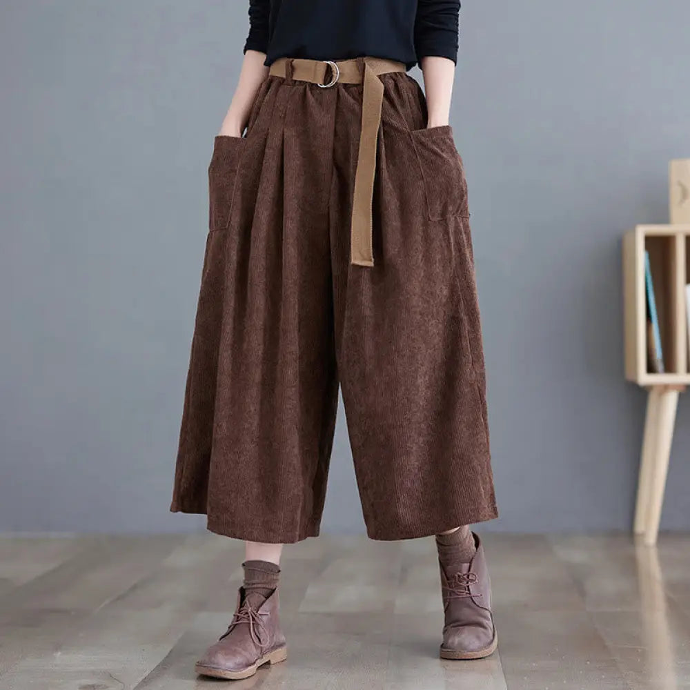 Buddha Stones Retro Women’s Wide Leg 7-8 Length Corduroy Pants With Pockets Belt - SaddleBrown / US4，UK/AU8，EU36 (M)