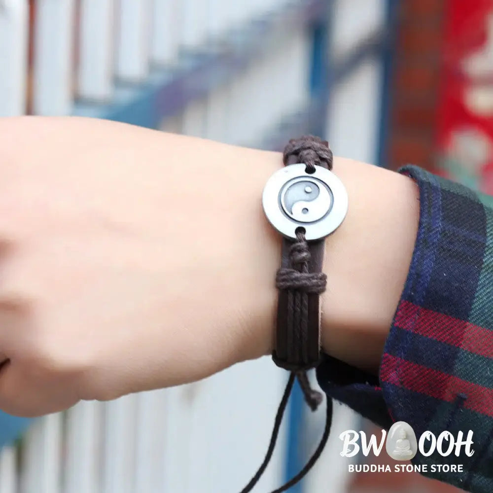 Buddha Stones Retro Yin Yang Leather Harmony String Bracelet - BWOOOH - Bracelet